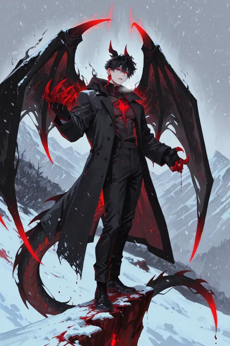 masterpiece, best quality, amazing quality, very aesthetic, anime, shiny, vibrant colors, 1boy, male focus, Kuroki Ren, red eyes, black hair, short hair, single red earring, dragon man, dragon horns, dragon wings, dragon tail, (((glowing scale, claws))), m...