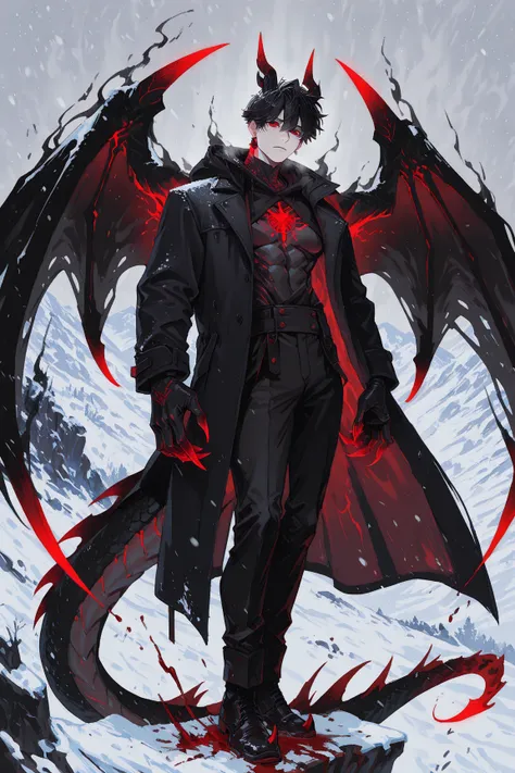 masterpiece, best quality, amazing quality, very aesthetic, anime, shiny, vibrant colors, 1boy, male focus, Kuroki Ren, red eyes, black hair, short hair, single red earring, dragon man, dragon horns, dragon wings, dragon tail, (((glowing scale, claws))), m...