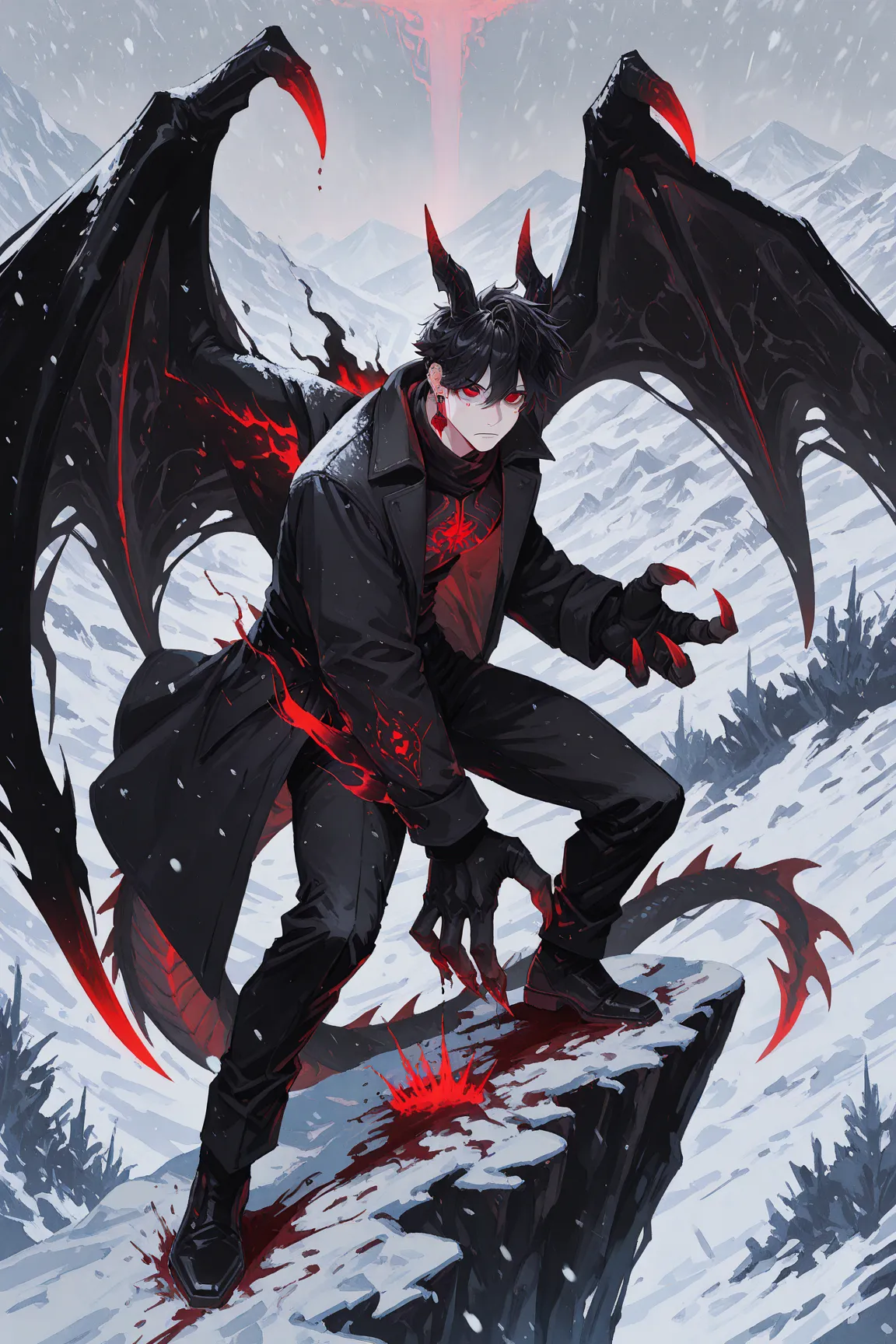 masterpiece, best quality, amazing quality, very aesthetic, anime, shiny, vibrant colors, 1boy, male focus, Kuroki Ren, red eyes, black hair, short hair, single red earring, dragon man, dragon horns, dragon wings, dragon tail, (((glowing scale, claws))), m...