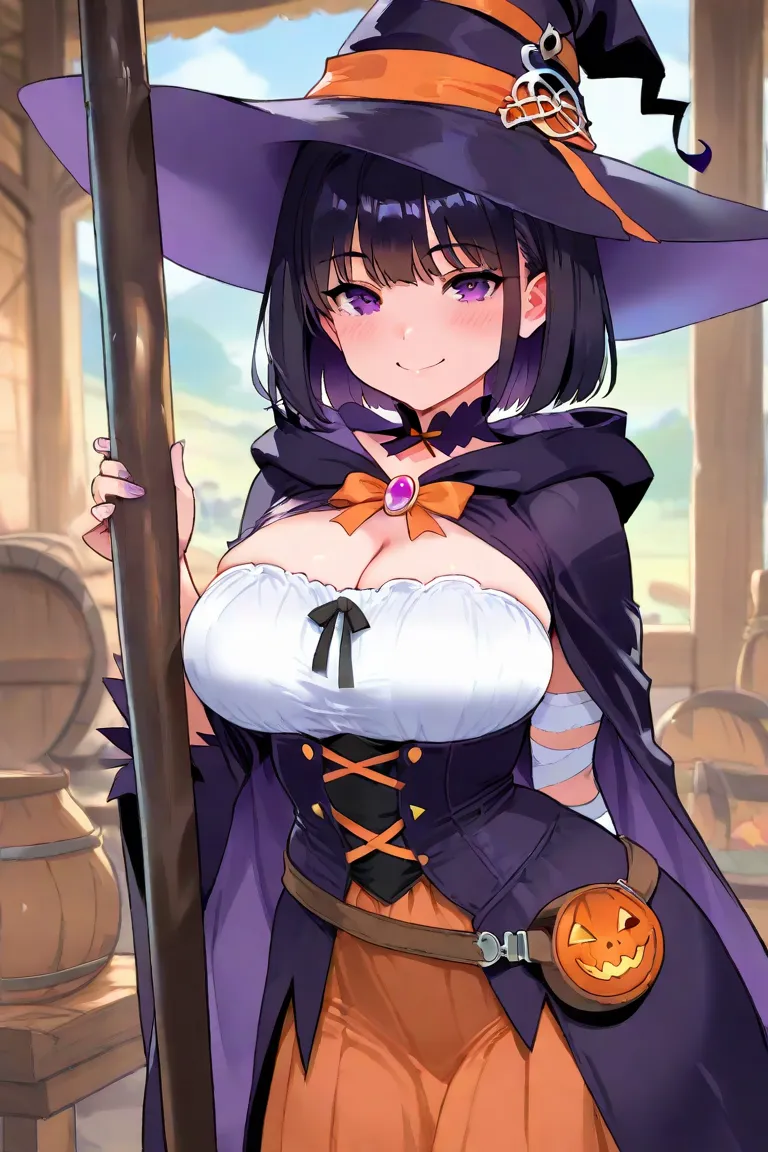 Beautiful witch woman, 、 short dark hair  ,  purple eyes,  big bust, Dressed as a witch,  tavern tied to a pole and smiling,  by Nomi, Full HD, TOP QUALITY