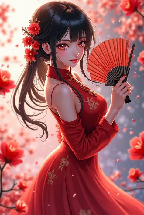 1girl, solo, gradient hair, dynamic pose, amazing composition, (type 95, black hair, Chinese dress, type_95_narcissus, girls' frontline:1.2), serene, seductive smile, looking at viewer, head tilt,holding fan, dramatic angle, incredible lighting