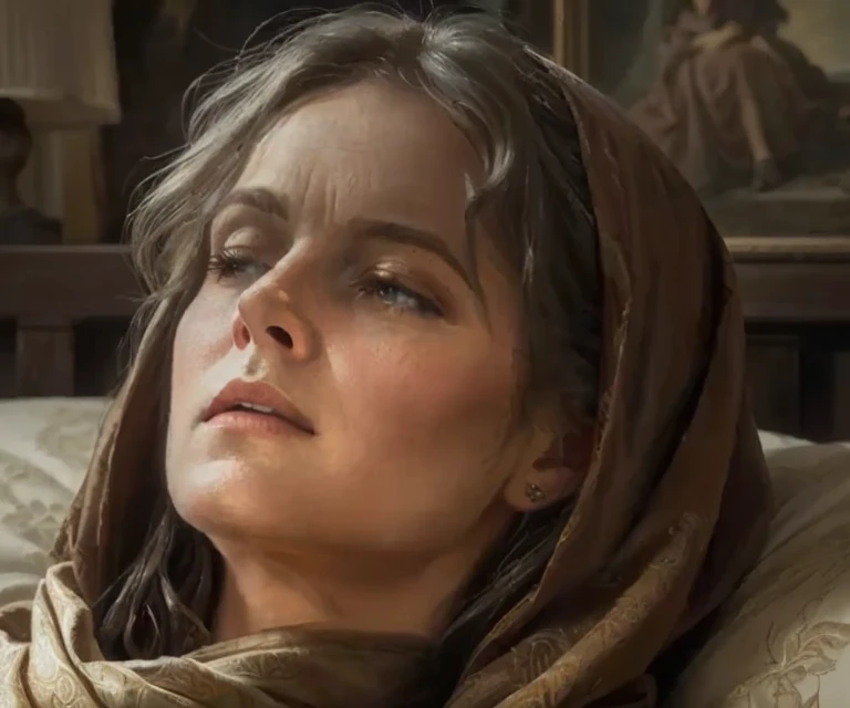 There's a woman with a headscarf lying on a bed,  movie photo of a tired ,  hyper realism Renaissance art ,  Hyperrealistic movie frame , Hyperrealism. fantasy 4k, Mother of the Witches ,  photo from the movie Dune 2020 ,  realistic painting of a woman ,  ...