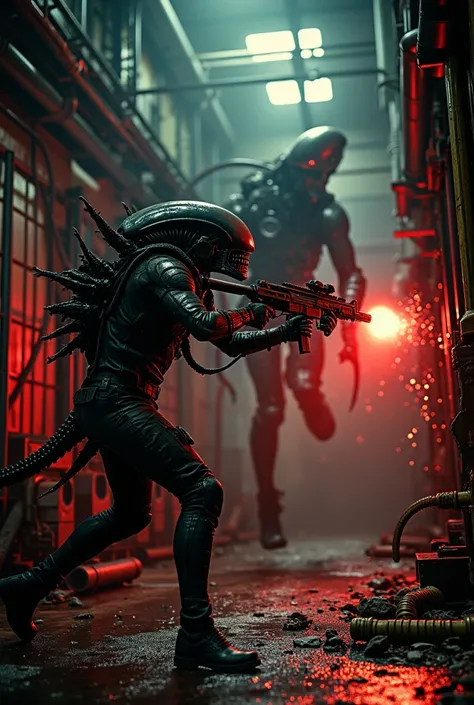 Hyper-realistic cinematic photo, ultra-detailed 8K, capturing the exact moment a Xenomorph launches its attack on Rain Carradine. The monstrous alien, with its biomechanical exoskeleton glistening under the flickering industrial lights, lunges from the sha...