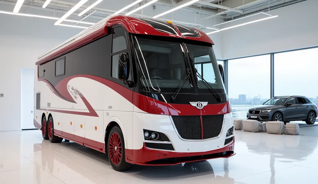 Close only front  side left right view of painted  with galemy white  red mixed diamond ( Bentley  motorhome) in large shape ( truck )in large size with  logo ( Bentley) on its large detailed grille in shiny white red  clour with angular sporty design capt...