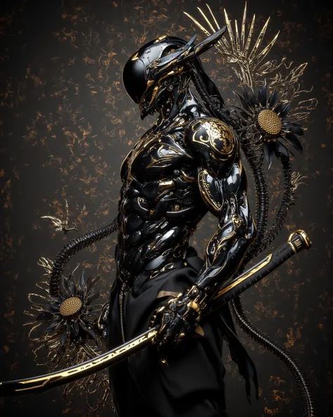 Exquisite，The futuristic concept of Cyborg Geek {x} {x} {x} Black Gold Floral Tattoo，presents。centered and uncropped，Wide angle view，A full-body image of a robot ninja。Artist inspiration：AR 916。original style，in a minimalist style。