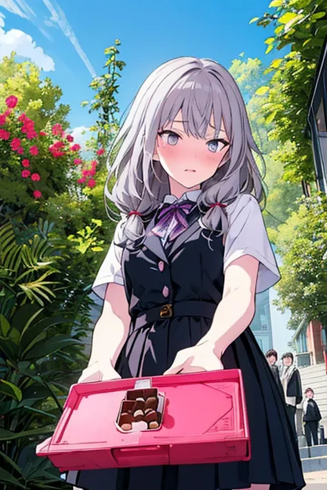 (from below:1.2, best quality ),11girl,long hair,light purple color hair,ribbon accessory,stylish school girl coordinate,black tights,Loafer,cool lady,Beautiful lady,Valentine, Confession with feelings,The tension of handing over handmade chocolates,Unrequ...