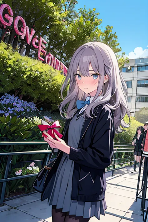 (from below:1.2, best quality ),11girl,long hair,light purple color hair,ribbon accessory,stylish school girl coordinate,black tights,Loafer,cool lady,Beautiful lady,Valentine, Confession with feelings,The tension of handing over handmade chocolates,Unrequ...