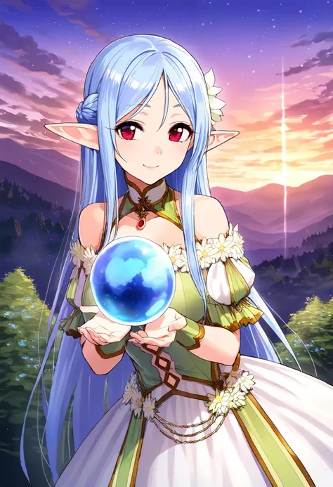  beautiful anime girl , perfect anatomy,  sexy pla neckline, Charming,  elf, dressed in beautiful sparkling fashionable clothes, holds a beautiful crystal ball, from which a beautiful magical flower blooms, Shine, against the sky with stars and beautiful c...