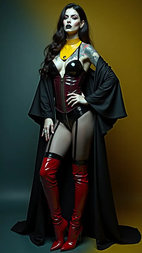 ANGELINA JOLIE, Dominatrix  , pale skin, vampire, nosferatu, dracula, BDSM, blue yellow latex , brilliant, metallic, corps latex noir, longue jupe crayon en latex noir, transparent  latex transparent Japanese latex kimono  , red brown latex over the knee b...