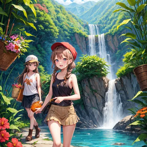 pink brown brown gold hair、 eye、  Has hair tied  、Two cute people、  check mini skirt、  black t-shirt、 Light clothing、 tank top、 camisole、high socks、 Boots、 teeth inside、  The Road Is Crooked 、Mountain々、Stick together  、 bamboo forest、 chest pocket  、rock s...