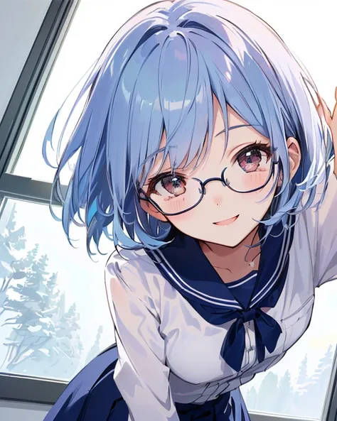  girl(ethnicity:1.2), (age:1.1),  uniform(detailed clothing:1.2),  Red-rimmed glasses(accessories:1.1),  smile(expression:1.2),   light skin tone(detailed skin texture:1.2),   facing forward (pose:1.2),  window際(position:center),  Slightly tilted to the le...