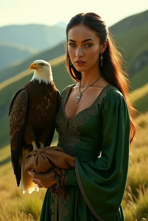 Ultra-realistic, cinematic medium shot portrait of a strikingly beautiful woman with piercing eyes and flowing dark brown hair, standing in a lush, mountainous landscape during daytime. She wears an elegant, medieval-inspired deep green gown with intricate...