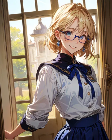  girl(ethnicity:1.2), (age:1.1),  uniform(detailed clothing:1.2),  Red-rimmed glasses(accessories:1.1),  smile(expression:1.2),   light skin tone(detailed skin texture:1.2),   facing forward (pose:1.2),  window際(position:center),  Slightly tilted to the le...