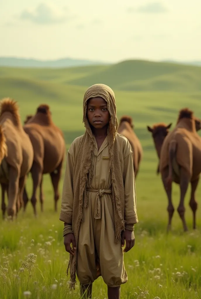 Somali boy before 100 years ,  with camels in green  earth