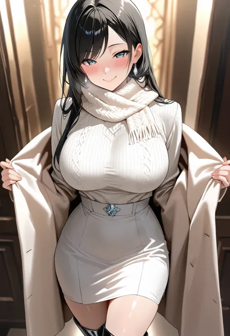 (best quality, masterpiece, ultra detailed, high resolution), Beautiful 8K CG artwork, Enriched photography, anatomically accurate body, depth of field,  1girl, elegant yet sexy girl, (long hair, black straight hair, swept bangs), 
round large breasts, bre...