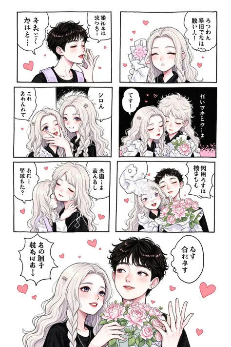 Valentine's Day Cartoons：young couple，1 Call，2 Watch a Movie，3 Meals，4 Kisses， hug, 黑白Comic Page,Cartoon Panels,  Comic Illustration , Comic Page, Full of expression