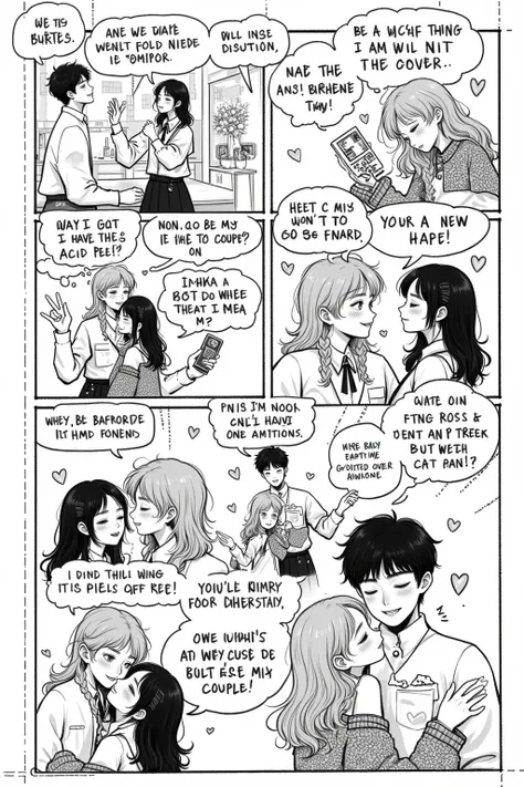 Valentine's Day Cartoons：young couple，1 Call，2 Watch a Movie，3 Meals，4 Kisses， hug, 黑白Comic Page,Cartoon Panels,  Comic Illustration , Comic Page, Full of expression