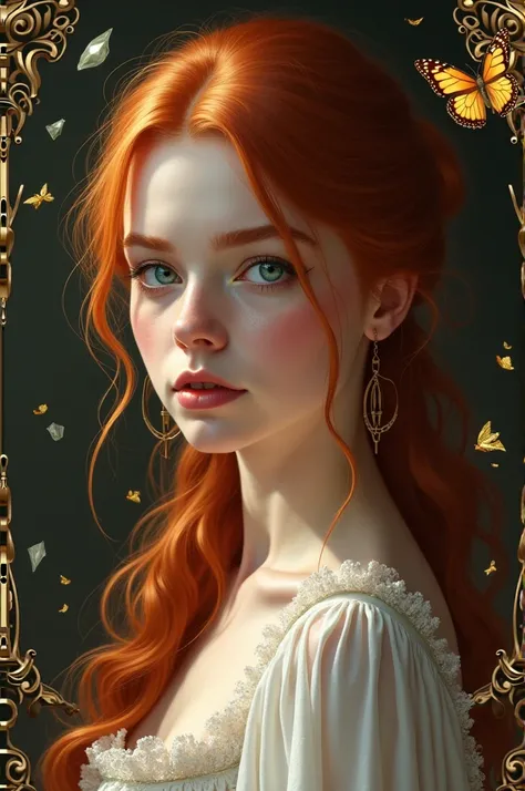 (cute), (24yo:1.2), redhead, long ginger hair highly detailed, 1700'S, digital photography, art by artgerm and ruan jia and greg rutkowski surreal painting gold butterfly filigree, broken glass, (masterpiece, sidelighting, finely detailed Fashionable eyes:...