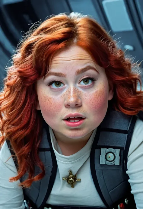 Chubby girls with freckles with red hair pirates from Space boarding a famous spaceship, The Millennium Falcon in Hyperspace 