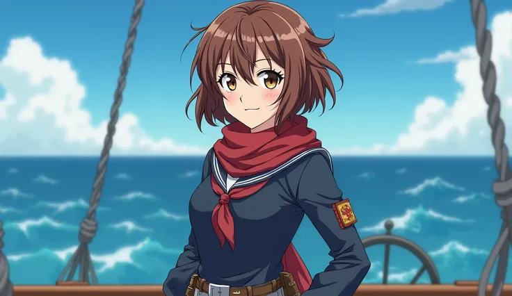 Mid-20s female sailor after one year at sea, with sun-tanned skin, confident brown eyes, and short wavy chestnut-brown hair with sun-bleached streaks. Wearing dark navy-blue patched tunic shirt, reinforced gray trousers, red scarf, and heavily scuffed brow...