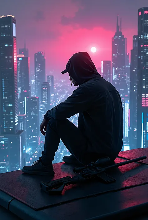 sci-fi city, neon, panoramic windows, skyscraper roof, black silhouette of a man, a man sitting on the edge of the roof with his legs dangling, a man smoking, a sniper rifle next to a man