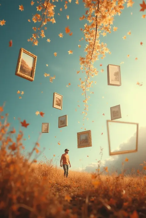 “Imagine frames gracefully falling from the sky, swirling in the air like autumn leaves. Each frame captures a unique piece of art, floating gently before finding its place in a surreal landscape. The scene is dreamy, with soft lighting and a calm, magical...