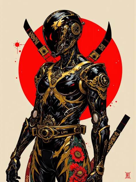 Exquisite，The futuristic concept of Cyborg Geek {x} {x} {x} Black Gold Floral Tattoo，presents。centered and uncropped，Wide angle view，A full-body image of a robot ninja。Artist inspiration：AR 916。original style，in a minimalist style。