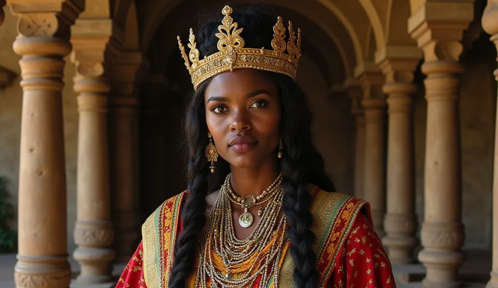 Un portrait royal de la Reine Pokou, une femme d'une beauté imposante et d'une sagesse profonde. Elle porte une couronne en or finement sculptée, des bijoux traditionnels en perles et argent, et un pagne richement orné aux couleurs vibrantes. Ses longs che...