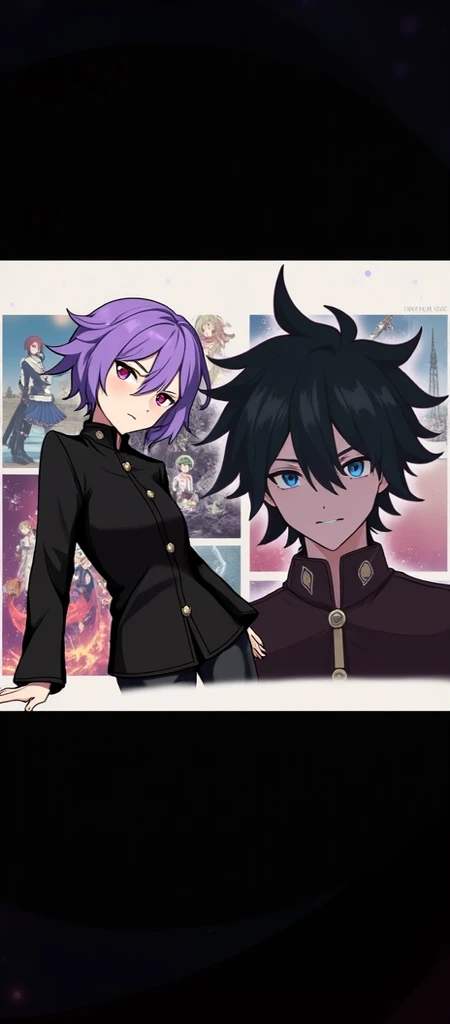 a collage of anime and manga girl with short hair wearing black jacket, 1girl, raiden shogun, purple hair, solo