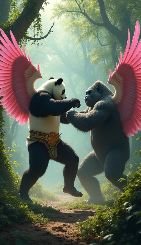 The Battle of Power
Amidst the tangled vines and ancient trees, the Winged Panda and the Giant Gorilla engage in an intense battle. The Panda’s powerful pink wings slash through the air with agility and strength, his muscular body fierce in motion. His mil...