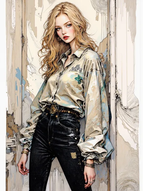 Detailed depiction of a slender blonde woman，Having green eyes，Wearing stylish high-waisted black jeans and an oversized shirt，Exuding a fashionable vibe，Light makeup with red lipstick。