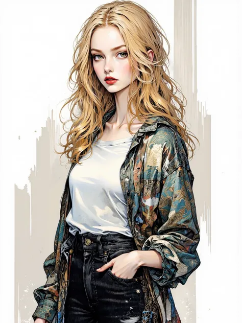 Detailed depiction of a slender blonde woman，Having green eyes，Wearing stylish high-waisted black jeans and an oversized shirt，Exuding a fashionable vibe，Light makeup with red lipstick。