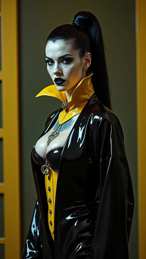 ANGELINA JOLIE, Dominatrix  , pale skin, vampire, nosferatu, dracula, BDSM, blue yellow latex , brilliant, metallic, corps latex noir, longue jupe crayon en latex noir, transparent  latex transparent Japanese latex kimono  , red brown latex over the knee b...