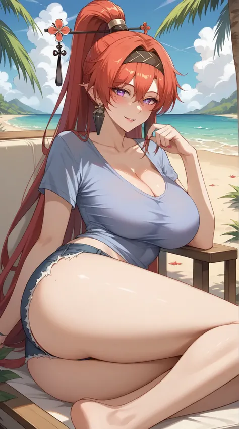 ((Yinlin, red hair, mole under eye, purple eyes, hair stick, hair ornament)), 1girl, huge breasts, huge butt, thick thighs, sensual woman, mature female, blushes, cleavage, full body, source_anime, quality_masterpiece, anatomically correct, beautiful face,...