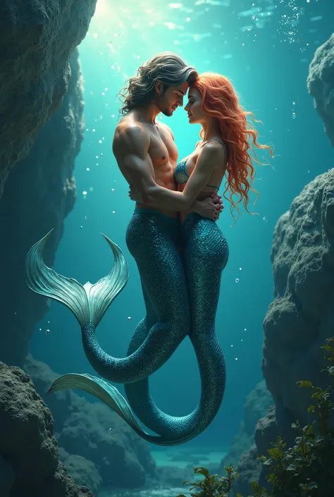 a princess mermaid and a prince merman deep into the ocean, light bubbles, big rock at the ground