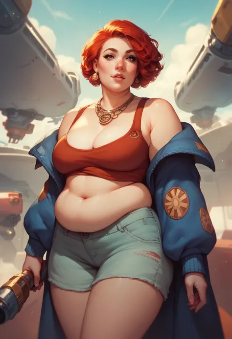 Chubby girls with freckles with red hair pirates from Space boarding a famous spaceship, the Millennium Falcon 