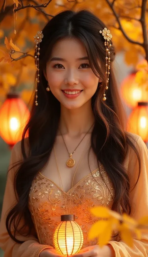 A graceful Vietnamese woman with long, silky dark hair, wearing a traditional Vietnamese-inspired golden embroidered dress. Her warm, inviting smile is framed by delicate golden hair accessories, and she is surrounded by softly glowing lanterns. The backgr...