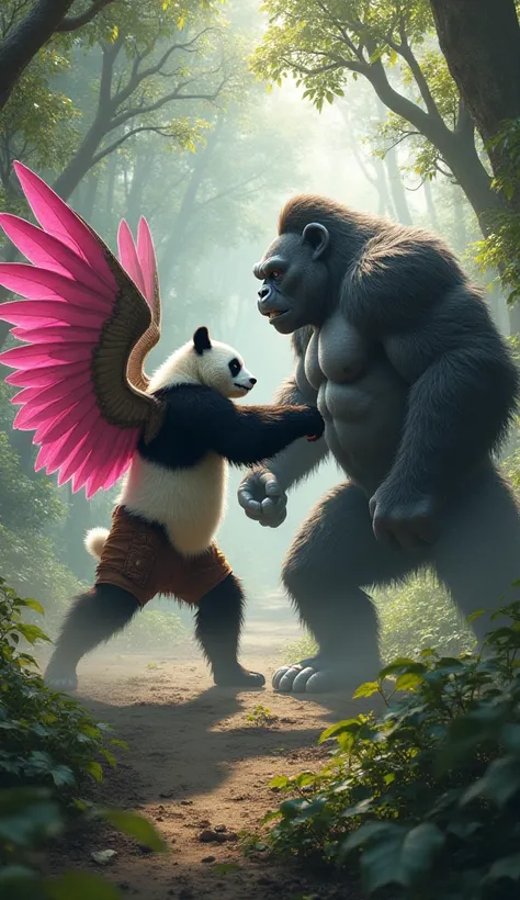 The Battle of Power
Amidst the tangled vines and ancient trees, the Winged Panda and the Giant Gorilla engage in an intense battle. The Panda’s powerful pink wings slash through the air with agility and strength, his muscular body fierce in motion. His mil...