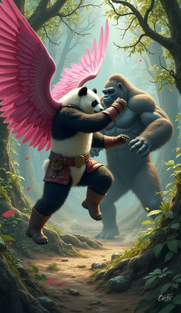 The Battle of Power
Amidst the tangled vines and ancient trees, the Winged Panda and the Giant Gorilla engage in an intense battle. The Panda’s powerful pink wings slash through the air with agility and strength, his muscular body fierce in motion. His mil...