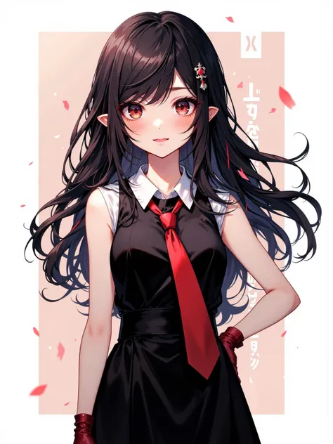 With Cute and Pure Attitude，Wearing a Black Dress，With Detailed White Collar，Full Lips and Smile，Described as Attractive， Black Long Hair， Red Eye，sleeveless， Slim Body ，Long Red Tie，Red Black Gloves，black skirt，Ultra High Resolution。