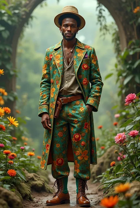 

create a outfit style for men with this theme: Blooming Wonderland: Flora and Fauna