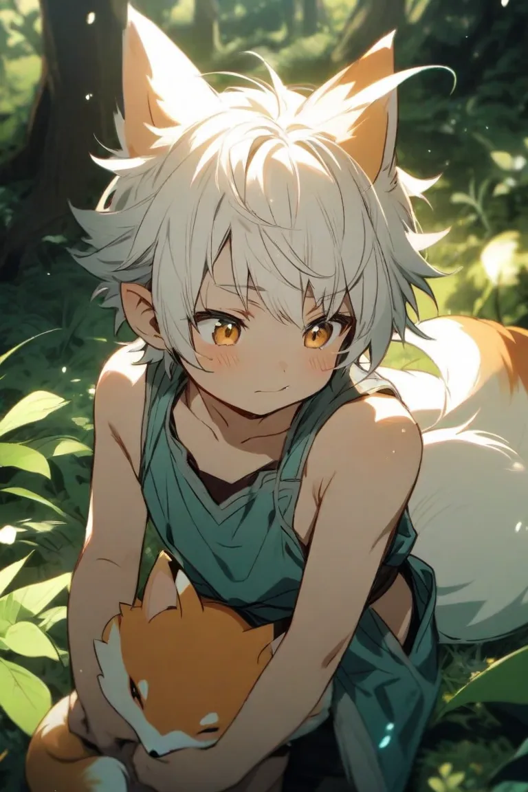 Boy with white hair, short hair, fairy fox, and shemo ears, one  