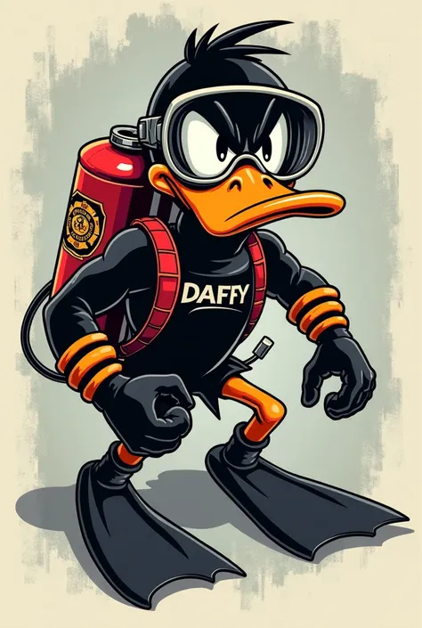 Vector Style, ((comic art)), (cartoon style) a 5, lowbrow art, "Design an intricate tattoo logo with a bold, vintage, and rugged look. At the center, place a closeup image of a strong, muscular, angry roughed-up Walt Disney’s Daffy Duck with a bad attitude...