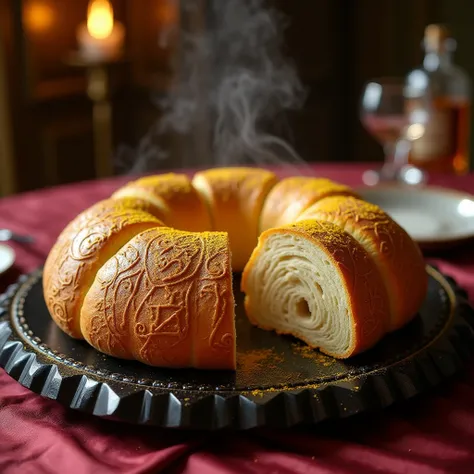 A legendary artisan bread, a symbol of ultimate indulgence, handcrafted with the world’s rarest and most luxurious ingredients. The crust, infused with 24K edible gold and dusted with pure saffron powder, has an intricate, hand-carved pattern inspired by r...