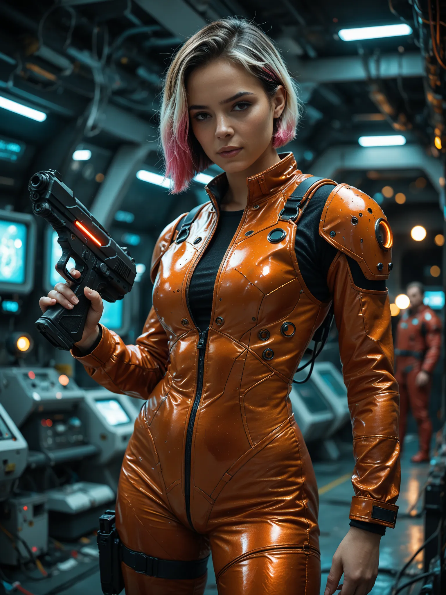 masterpiece, best quality, amazing quality, realistic, (cowboy shot), bimbo, multi-colored hair, short haircut, tight red leather jumpsuit, cleavage, cyberpunk light armor, seductive pose, aiming gun, (looking at viewer:1.3), space station, depth of field,...