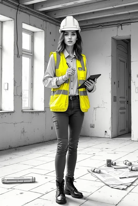 A modern, intricate ink sketch of a young, professional female engineer standing confidently in an empty, unfinished apartment. Her focused expression conveys determination and expertise, with sharp, well-defined features—high cheekbones, a slightly upturn...