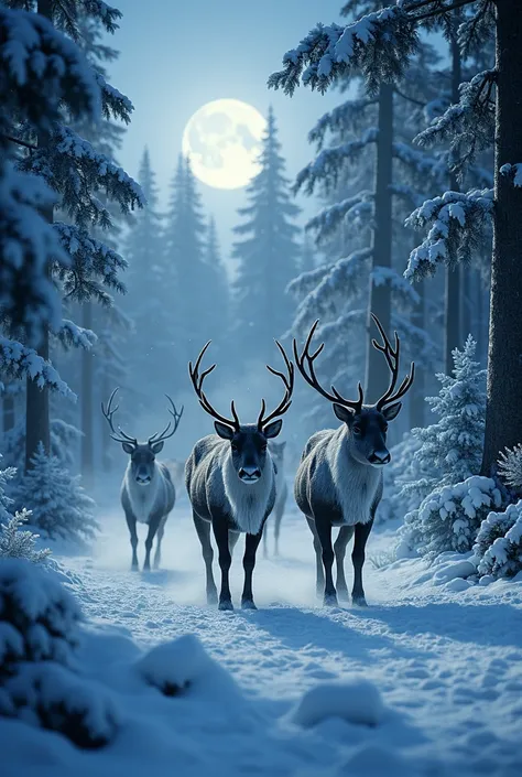 Ultra-realistic winter scenery, 8K, impossible to distinguish from a real photograph. A reindeer herd moves silently through a snow-covered forest, their breath rising like mist into the crisp night air. Above them, the full moon casts a silvery glow, illu...