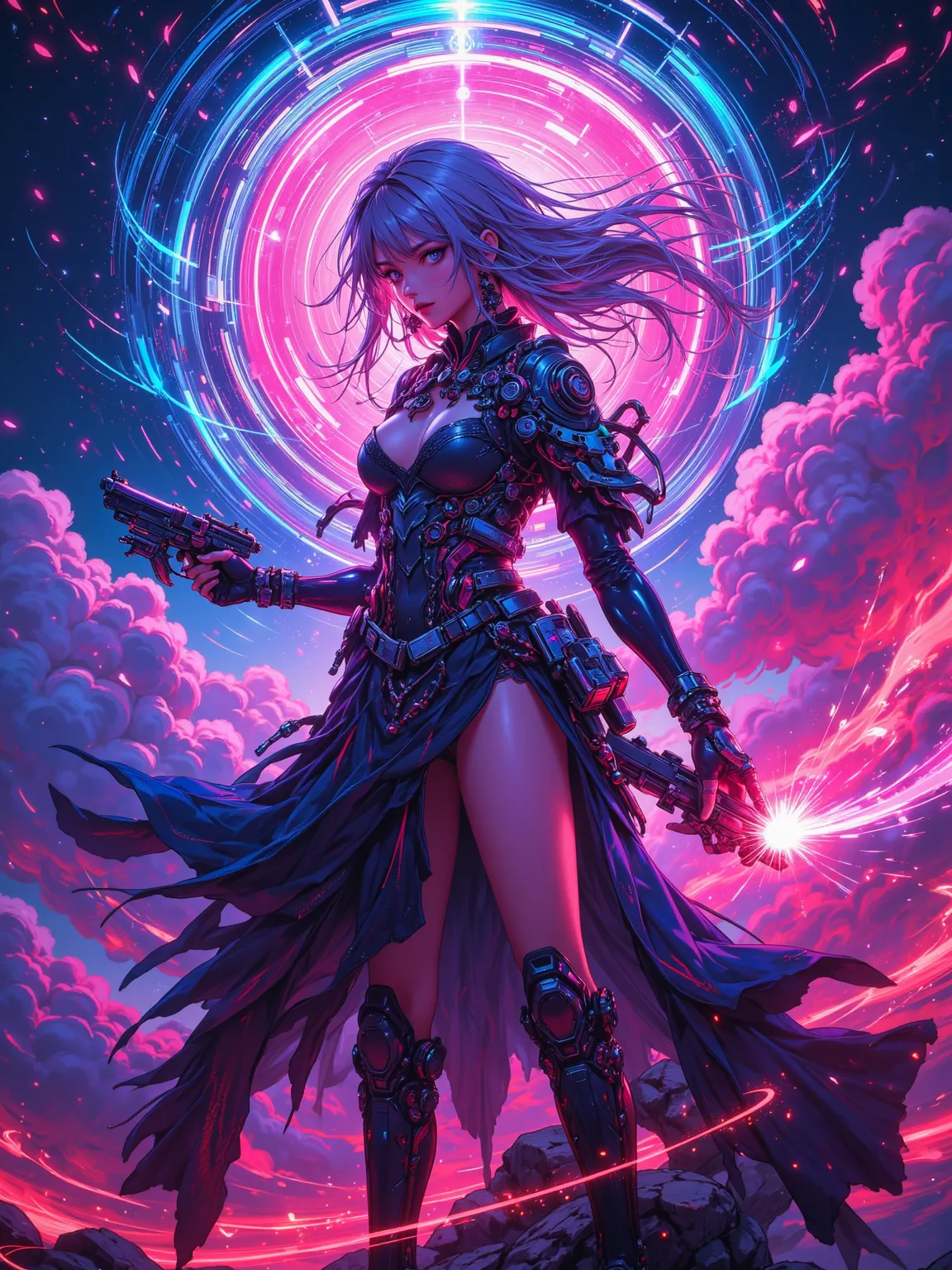 A superb 8K science fiction artwork，shows a woman playing with a weapon in her hands in a mesmerizing space environment，Surrounded by sky and neon-colored hair。style inspired by cksc，Emphasis on quality and beauty。