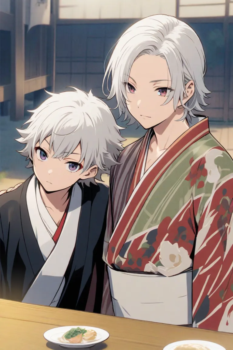 White-haired, short-haired, youkoku, shemo eared boy, 1 , kimono