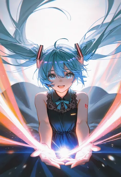 1girl, solo, long hair, looking at viewer, smile, open mouth, bangs, blue eyes, hair ornament, dress, bow, hair between eyes, twintails, very long hair, blue hair, ahoge, :d, sleeveless, black dress, floating hair, sleeveless dress, hatsune miku ,backlight...